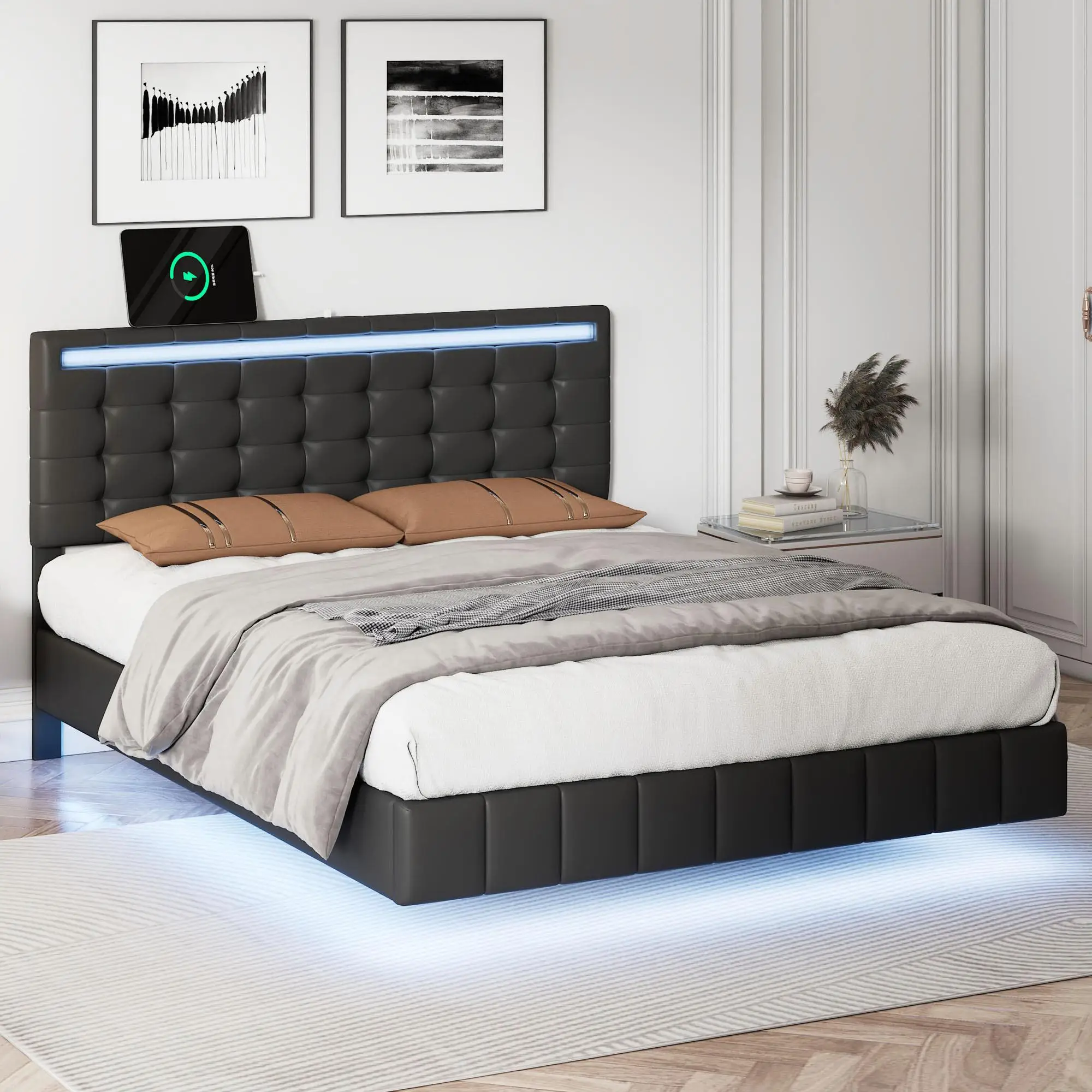 Full Size Modern Upholstered Floating Bed Frame with Lights & USB Charging - Platform Bed
Full Size Modern Upholstered Floating Bed Frame with Lights & USB Charging - Platform Bed