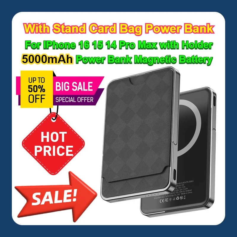 With Stand Card Bag Power Bank 5000mAh For IPhone 16 15 14 Pro Max with Holder Power Bank Magnetic Battery
With Stand Card Bag Power Bank 5000mAh For IPhone 16 15 14 Pro Max with Holder Power Bank Magnetic Battery