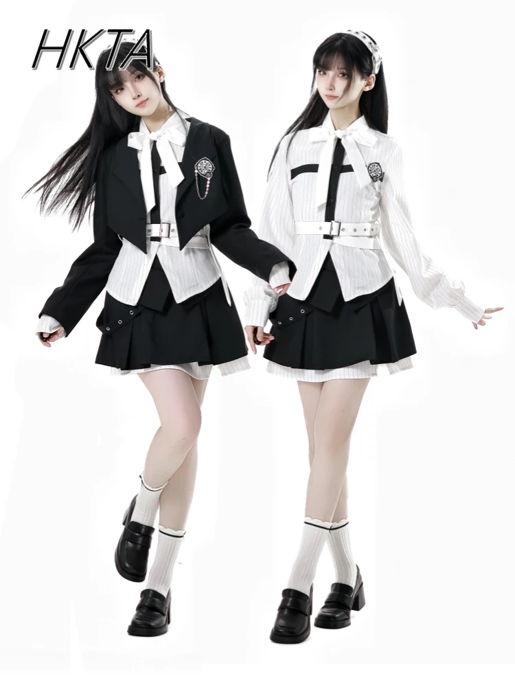Sweet Cool College Style Thin Striped Black White Shirt Women Slim Waist Long Sleeve Suit Pleated Short Skirt Three Pieces Sets
Sweet Cool College Style Thin Striped Black White Shirt Women Slim Waist Long Sleeve Suit Pleated Short Skirt Three Pieces Sets