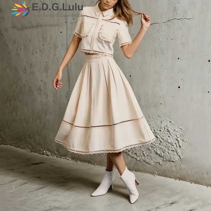 EDGLuLu Two Piece Outfits Woman Turn-Down Collar Short Sleeved Embroidered Top Shirt+High Waist Long Skirt Suit 0727
EDGLuLu Two Piece Outfits Woman Turn-Down Collar Short Sleeved Embroidered Top Shirt+High Waist Long Skirt Suit 0727