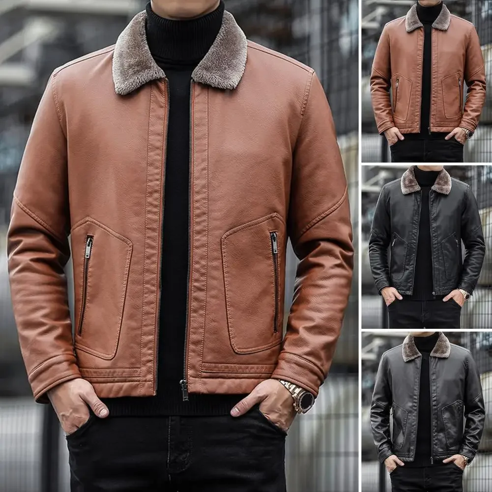 Men Imitation Leather Jacket with Velvet Lining Lapel Long Sleeve Zipper Placket Solid Color Autumn Winter Coat
Men Imitation Leather Jacket with Velvet Lining Lapel Long Sleeve Zipper Placket Solid Color Autumn Winter Coat