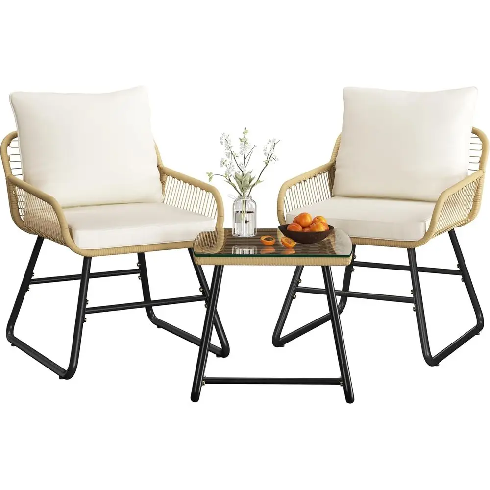 Outdoor Wicker Bistro Set with 2 Chairs and Glass Top Table for Patio, Balcony, Porch, Poolside, Backyard - Tan/Cream
Outdoor Wicker Bistro Set with 2 Chairs and Glass Top Table for Patio, Balcony, Porch, Poolside, Backyard - Tan/Cream