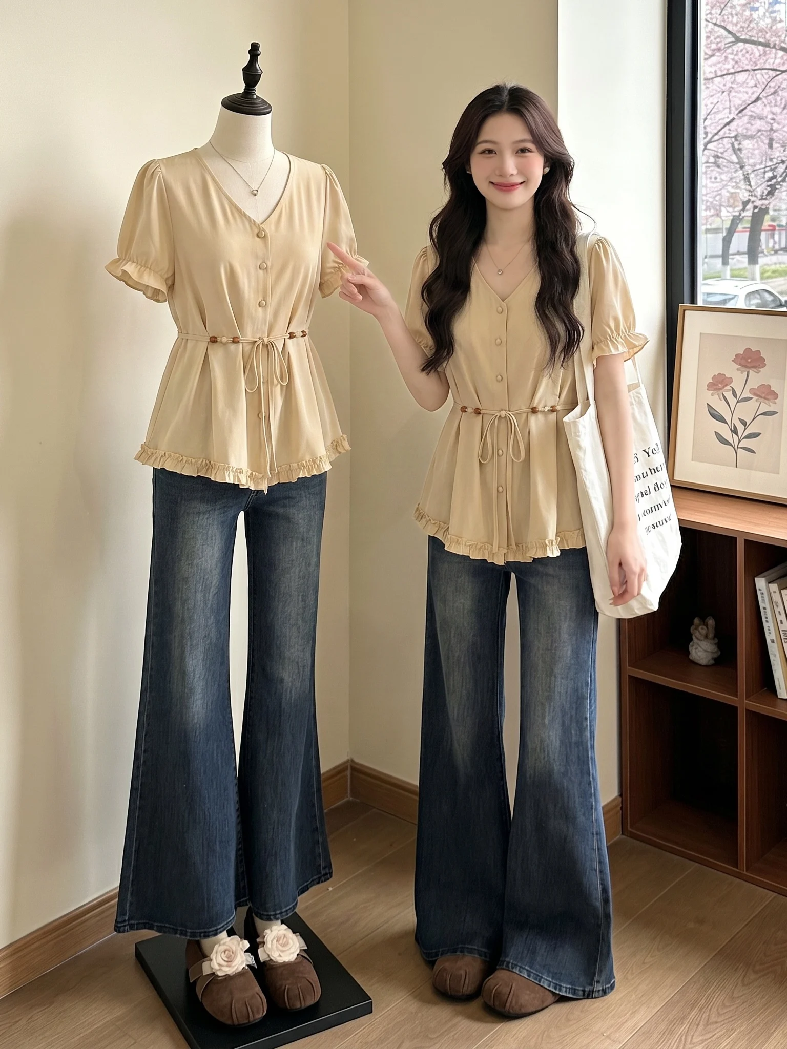 V-Neck Short Sleeve Bell Sleeve Shirt Women's Summer New plus Size Waist-Cinching Top Korean Style Commute Wind Loose Fit
V-Neck Short Sleeve Bell Sleeve Shirt Women's Summer New plus Size Waist-Cinching Top Korean Style Commute Wind Loose Fit