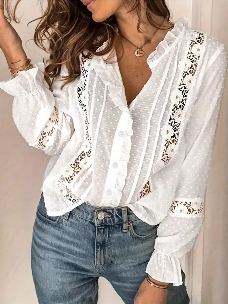 Fashion White Lace Shirt For Women Sexy Hook Flower Hollow Long Sleeve Button Ruffles Shirts Tops Lady Casual Holiday Clothes
Fashion White Lace Shirt For Women Sexy Hook Flower Hollow Long Sleeve Button Ruffles Shirts Tops Lady Casual Holiday Clothes