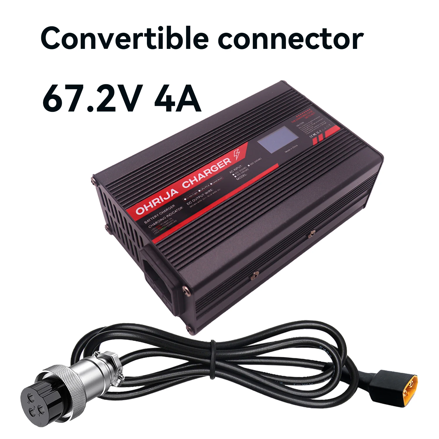 OHRIJA 67.2V 4A Lithium Battery Fast Charger with OLED Display & Interchangeable Connector Fast stabilization with cooling fan
OHRIJA 67.2V 4A Lithium Battery Fast Charger with OLED Display & Interchangeable Connector Fast stabilization with cooling fan