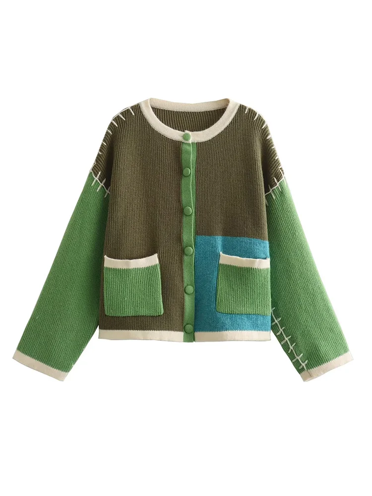 2024 Autumn winter European and American style female color patchwork knitted cardigan top with pockets
2024 Autumn winter European and American style female color patchwork knitted cardigan top with pockets