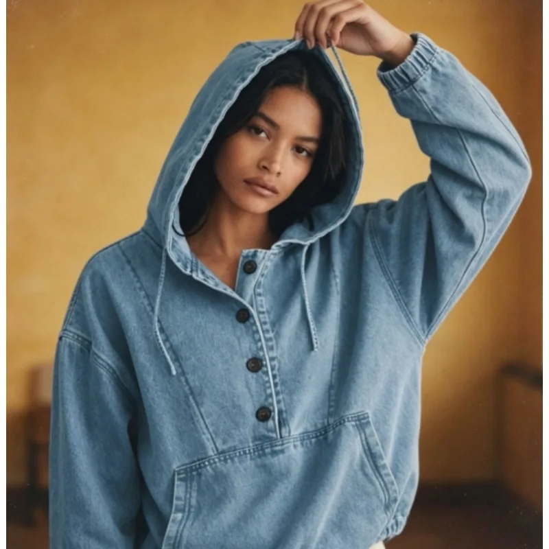 Women's Vintage Washed Denim Pullover Hoodie Button Down Collar with Single Chest Pocket for Everyday Comfort
Women's Vintage Washed Denim Pullover Hoodie Button Down Collar with Single Chest Pocket for Everyday Comfort