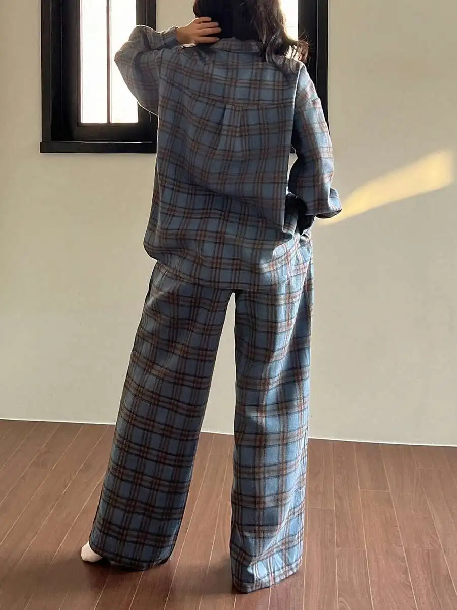 Women Plaid Pajama Set Loose Fit Long Sleeve Shirt And Wide Leg Pants For Autumn Winter
Women Plaid Pajama Set Loose Fit Long Sleeve Shirt And Wide Leg Pants For Autumn Winter