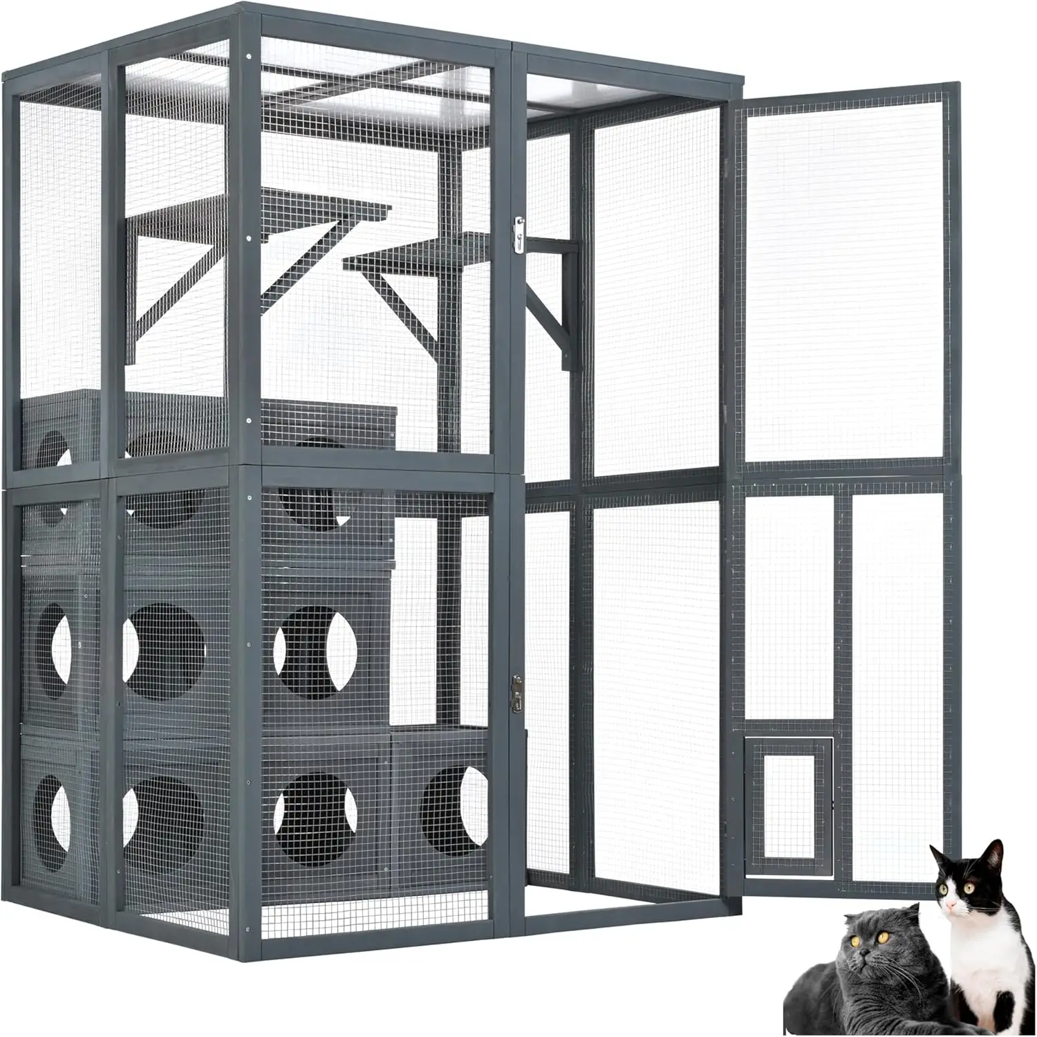 Outdoor Catio with Double Enter Doors, Grey Climbing Shelves, Weatherproof Pine Wood Playground with 7 Freely Combination Wood B
Outdoor Catio with Double Enter Doors, Grey Climbing Shelves, Weatherproof Pine Wood Playground with 7 Freely Combination Wood B