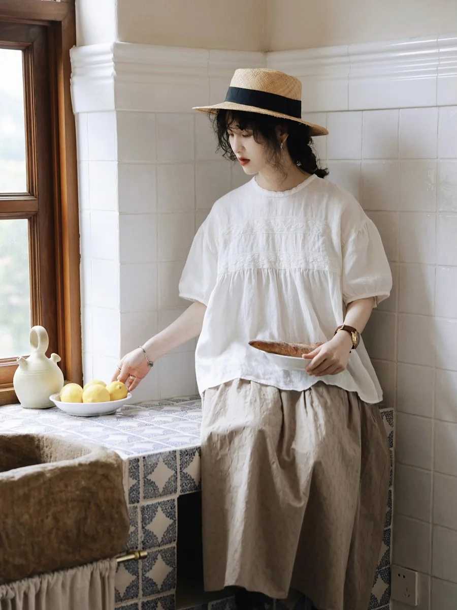 Sweet Style Women's Shirt Floral Lace Embroidery Puffy Sleeve Casual Cotton Top Japanese Style round Neck Short Sleeve Blouse
Sweet Style Women's Shirt Floral Lace Embroidery Puffy Sleeve Casual Cotton Top Japanese Style round Neck Short Sleeve Blouse