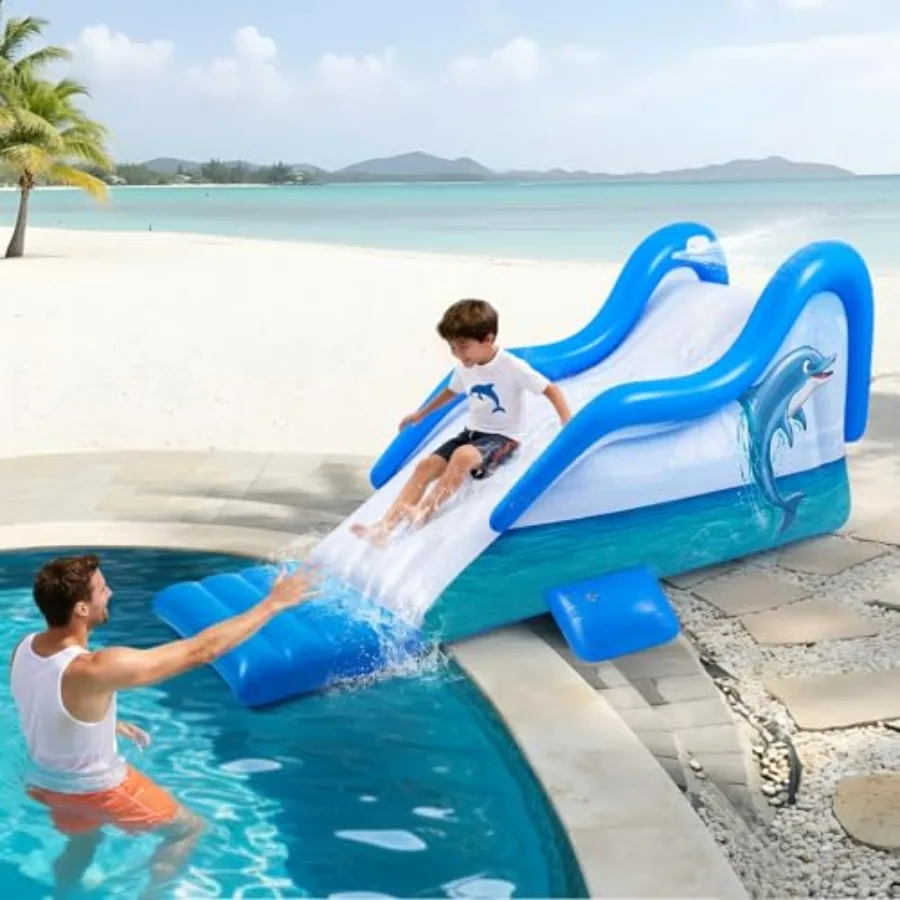 Outdoor water play slide for summer pool use, PVC material, blue and white, 125-inch giant inflatable dolphin design with exten
Outdoor water play slide for summer pool use, PVC material, blue and white, 125-inch giant inflatable dolphin design with exten