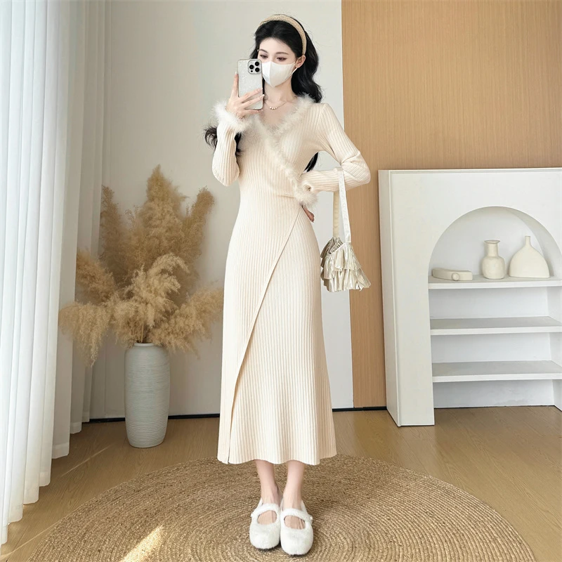 New Women Autumn Winter Basic Knitted Dress Fashion Fur V-Neck Long Sleeve Elastic Slim Waist Sweater Dress Elegant Sexy Sweater
New Women Autumn Winter Basic Knitted Dress Fashion Fur V-Neck Long Sleeve Elastic Slim Waist Sweater Dress Elegant Sexy Sweater
