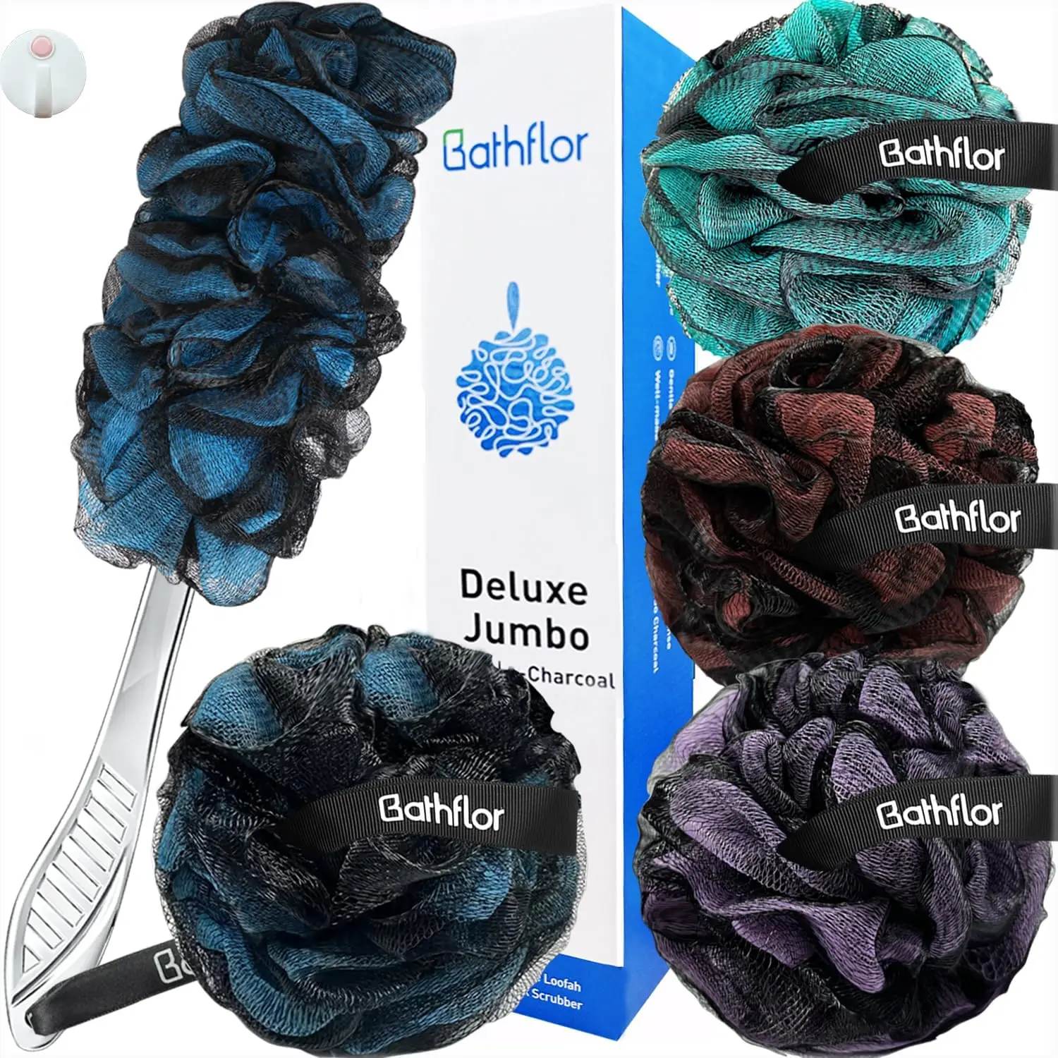 Exfoliating Shower Loofah Sponge Set with Long Handle Back Brush, 4 Extra Large 80g Charcoal Loofa Poufs, and Hook for Bath
Exfoliating Shower Loofah Sponge Set with Long Handle Back Brush, 4 Extra Large 80g Charcoal Loofa Poufs, and Hook for Bath