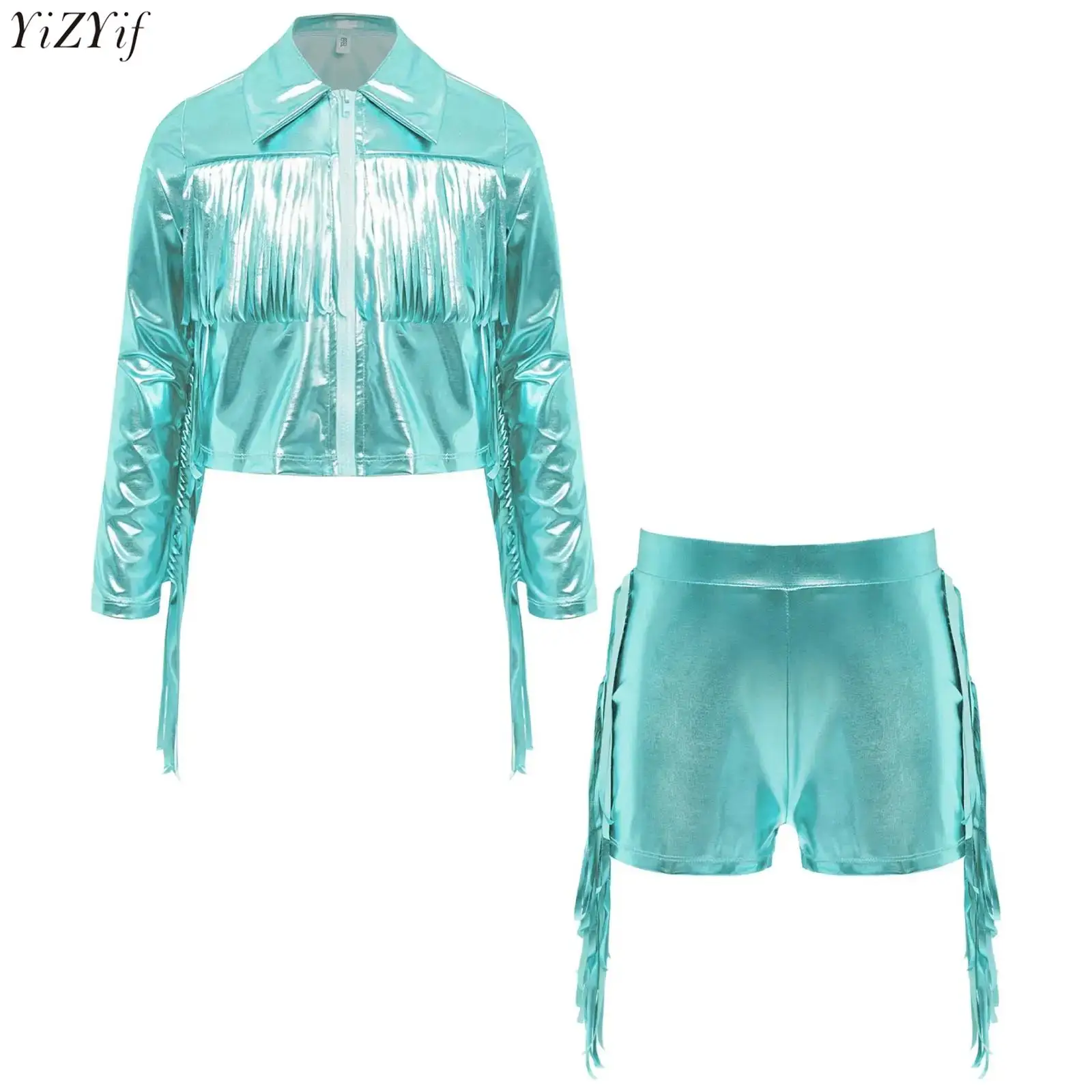 Kids Girls Hip hop Disco Dance Outfit Tassels Metallic Turn-Down Collar Long Sleeve Zipper Fringe Jacket Coat+Shorts Streetwear
Kids Girls Hip hop Disco Dance Outfit Tassels Metallic Turn-Down Collar Long Sleeve Zipper Fringe Jacket Coat+Shorts Streetwear