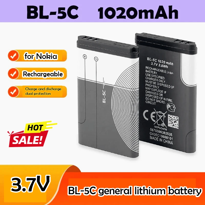 1-10pcs 3.7V 1020mAh Battery BL-5C BL5C BL 5C Rechargeable Batteries for Nokia 2112 2118 2255 2270 2280 2300 2600 2610 3125 3230
1-10pcs 3.7V 1020mAh Battery BL-5C BL5C BL 5C Rechargeable Batteries for Nokia 2112 2118 2255 2270 2280 2300 2600 2610 3125 3230