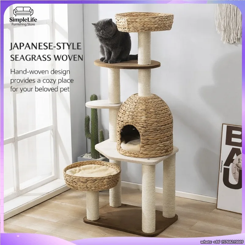 Natural Sisal Cat Tree with Perch Platform and Woven Grass Cat Bed All Season Indoor Climbing Tower for Kittens and Adult
Natural Sisal Cat Tree with Perch Platform and Woven Grass Cat Bed All Season Indoor Climbing Tower for Kittens and Adult