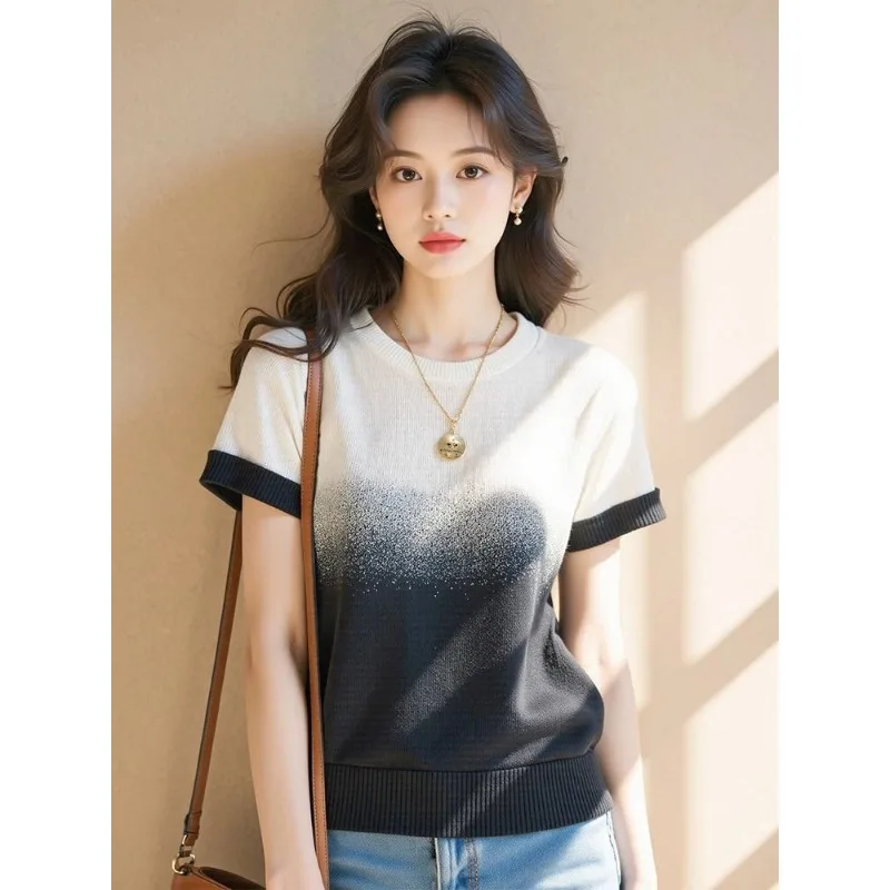 New Chinese Women's Clothing Chinese Style Gradient Color Ice Silk Knitted Short-sleeved T-shirt Top
New Chinese Women's Clothing Chinese Style Gradient Color Ice Silk Knitted Short-sleeved T-shirt Top