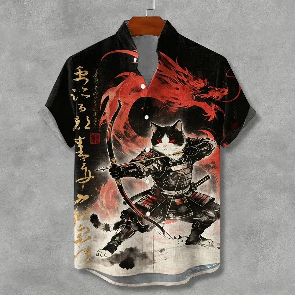 Japanese samurai cat printed short sleeved shirt, retro ink painting stand up collar button casual shirt, men's Hawaiian shirt
Japanese samurai cat printed short sleeved shirt, retro ink painting stand up collar button casual shirt, men's Hawaiian shirt