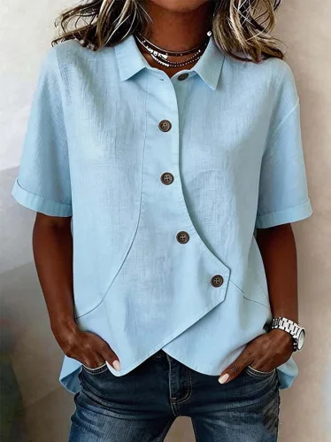 Women's Solid Color Shirt Asymmetrical Button Front Collared Neck Rolled Short Sleeve Shirt Casual Loose Fit Summer Blouse
Women's Solid Color Shirt Asymmetrical Button Front Collared Neck Rolled Short Sleeve Shirt Casual Loose Fit Summer Blouse