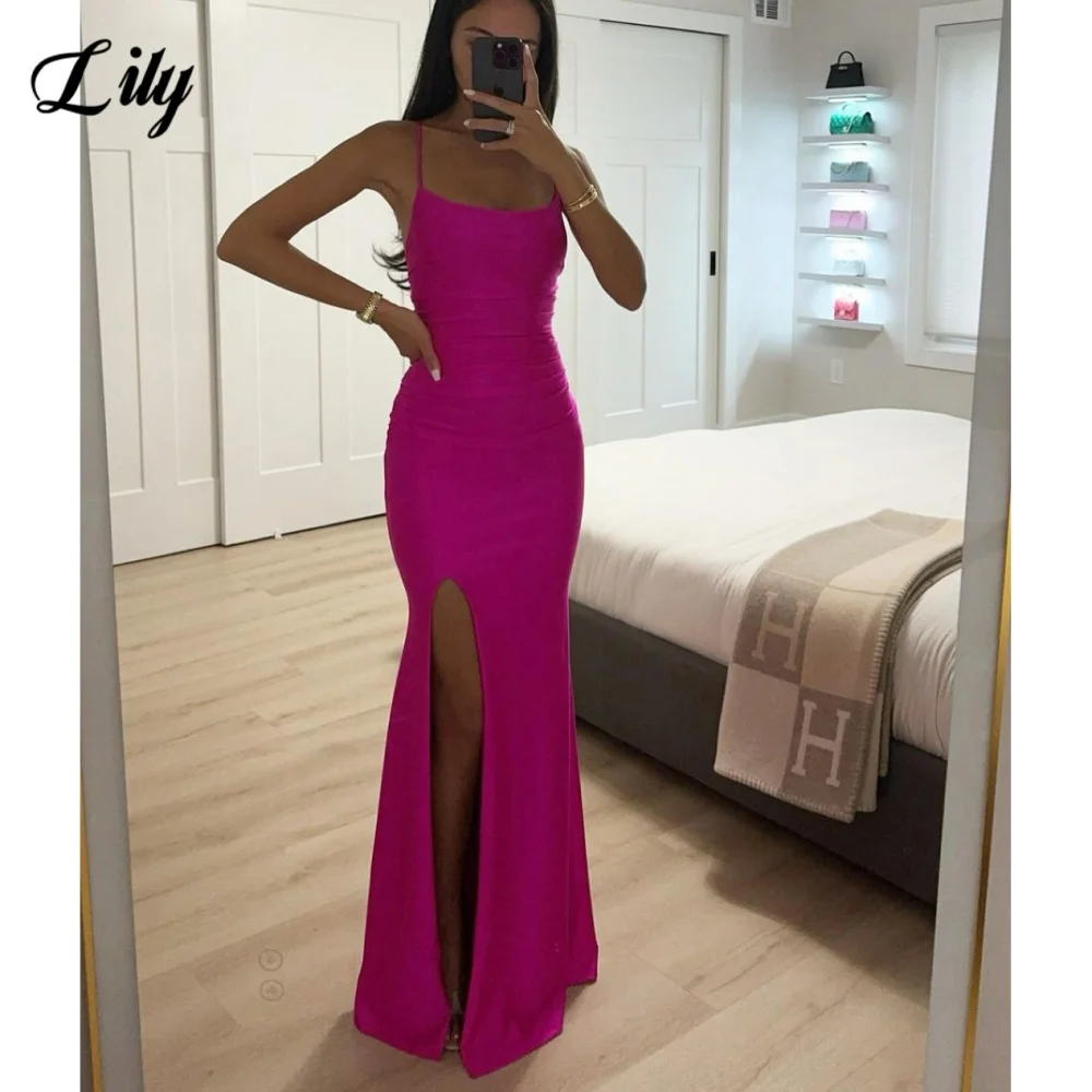 Lily Fuchsia Elegant Prom Dresses Scoop Spaghetti Straps Evening Party Dress Satin Side Split Prom Gown robe de bal Customized
Lily Fuchsia Elegant Prom Dresses Scoop Spaghetti Straps Evening Party Dress Satin Side Split Prom Gown robe de bal Customized