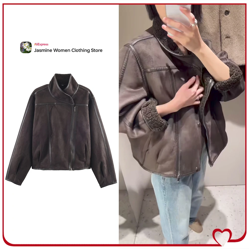 Casual Double-faced Outwears for Women New in High Collar and Long Sleeves Winter Brown Zippered Jacket with Tonal Fleece Lining
Casual Double-faced Outwears for Women New in High Collar and Long Sleeves Winter Brown Zippered Jacket with Tonal Fleece Lining