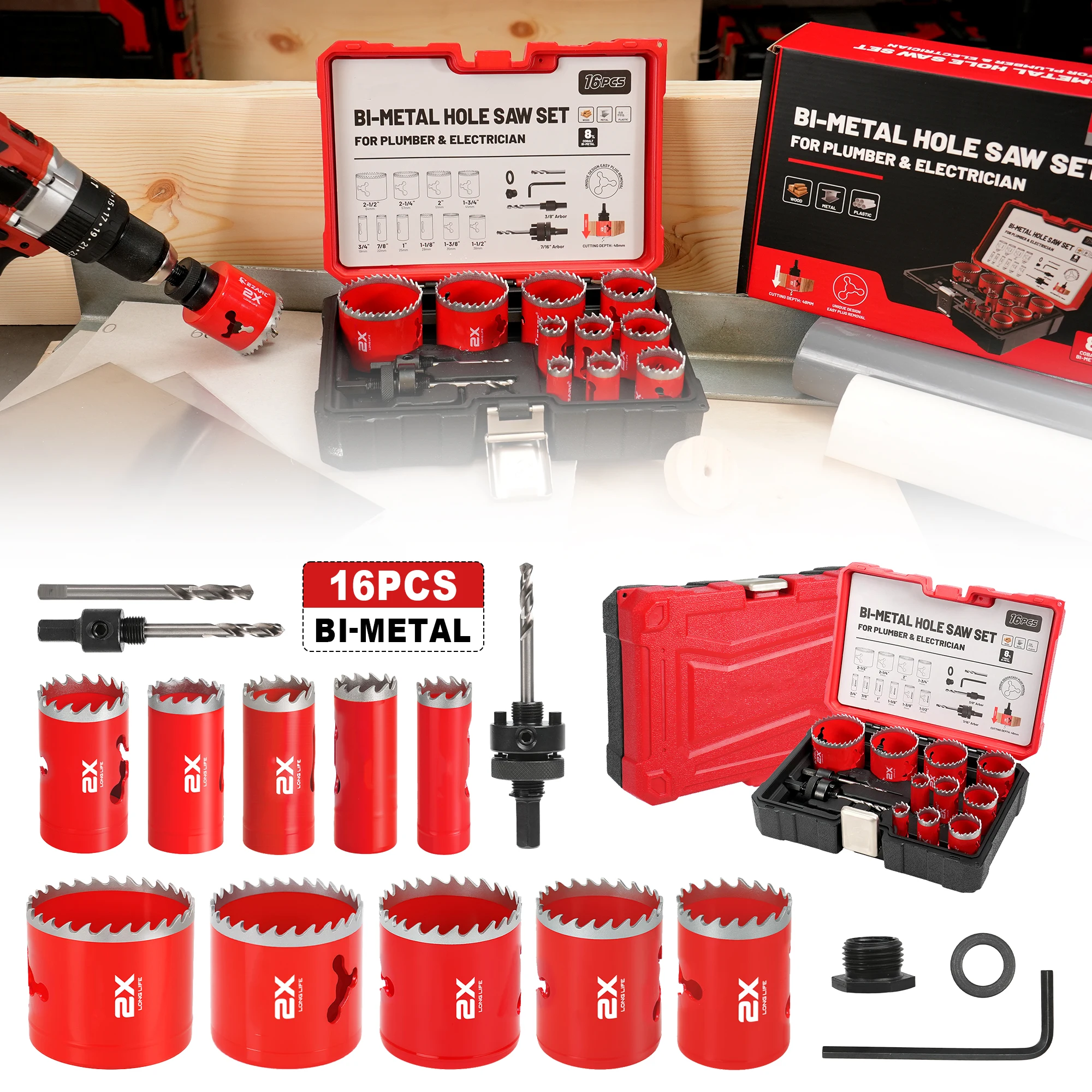 16Pcs Bi-Metal Hole Saw Kit, 3/4"-2-1/2" (19-64mm) Hole Saw Set for Wood Metal PVC, Include Mandrels Drill Bits Hex Key, Installation Plate with Storage Case
16Pcs Bi-Metal Hole Saw Kit, 3/4"-2-1/2" (19-64mm) Hole Saw Set for Wood Metal PVC, Include Mandrels Drill Bits Hex Key, Installation Plate with Storage Case