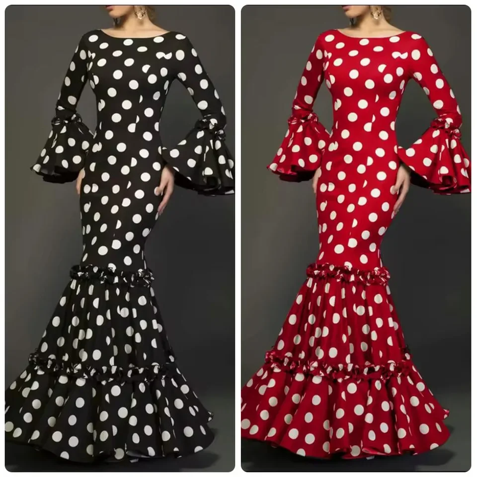 2026 New Banquet Dress Polka Dot Flared Sleeve Mermaid Gown Retro Style Ruffle Waist Cinched Maxi Dress
2026 New Banquet Dress Polka Dot Flared Sleeve Mermaid Gown Retro Style Ruffle Waist Cinched Maxi Dress