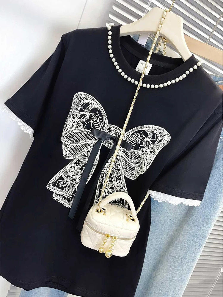 Casual All-match Bow Patchwork T Shirts Summer New Short Sleeve Solid Color Loose Plus Size Tops Vintage Fashion Women Clothing
Casual All-match Bow Patchwork T Shirts Summer New Short Sleeve Solid Color Loose Plus Size Tops Vintage Fashion Women Clothing