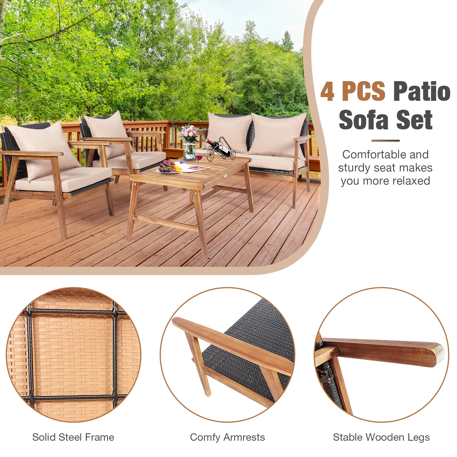 4PCS Patio Rattan Furniture Set Acacia Wood Frame Cushioned Sofa Chair Garden 4PCS Patio Rattan Furniture Set Acacia Wood Frame Cushioned Sofa Chair Garden
