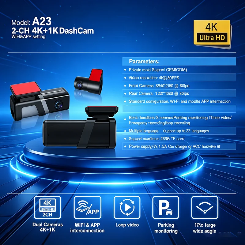 A23 Dual-Lens 4K+1K Car Dash Cam with WiFi Mobile Interconnectivity Rear Camera Auto Recording Parking Surveillance System
A23 Dual-Lens 4K+1K Car Dash Cam with WiFi Mobile Interconnectivity Rear Camera Auto Recording Parking Surveillance System