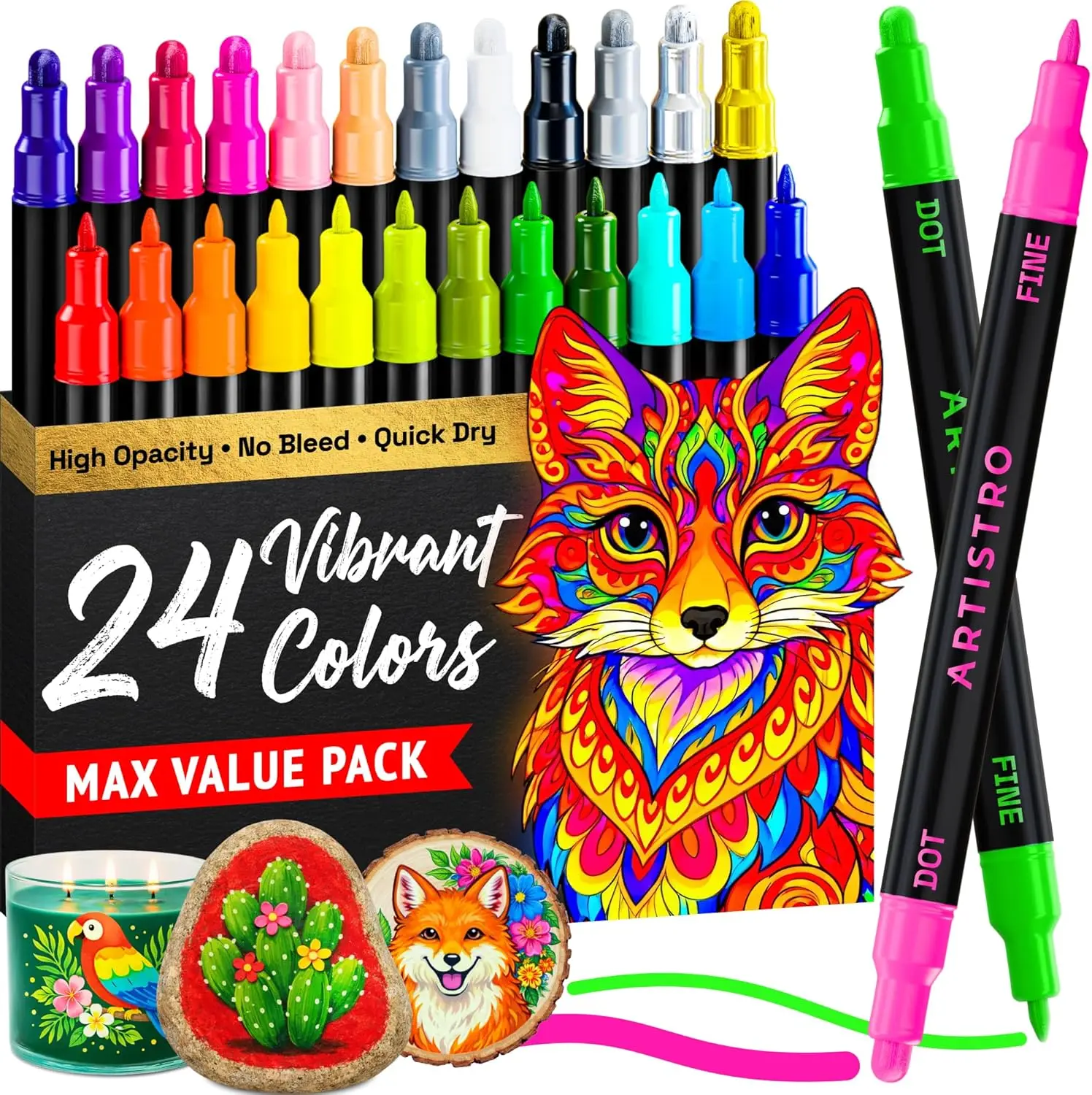 24 Precision Dual-Tip Acrylic Paint Markers with Dot & Fine Tips for Fabric, Rock, Glass, Wood, Coloring Books - Classroom Art
24 Precision Dual-Tip Acrylic Paint Markers with Dot & Fine Tips for Fabric, Rock, Glass, Wood, Coloring Books - Classroom Art