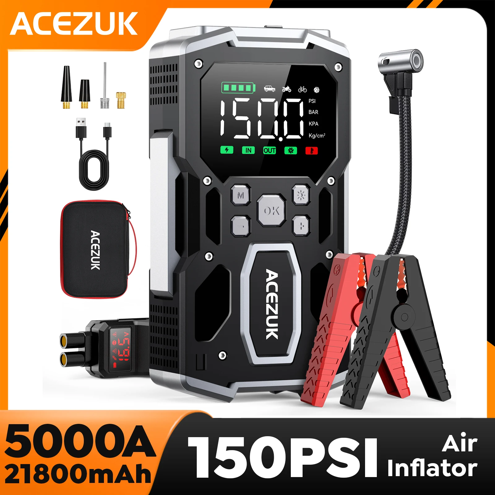 ACEZUK Portable Car Jump Starter with Air Compressor 150PSI 5000A Jump Starter 12V Car Battery Jumper Starter 2 Lights
ACEZUK Portable Car Jump Starter with Air Compressor 150PSI 5000A Jump Starter 12V Car Battery Jumper Starter 2 Lights