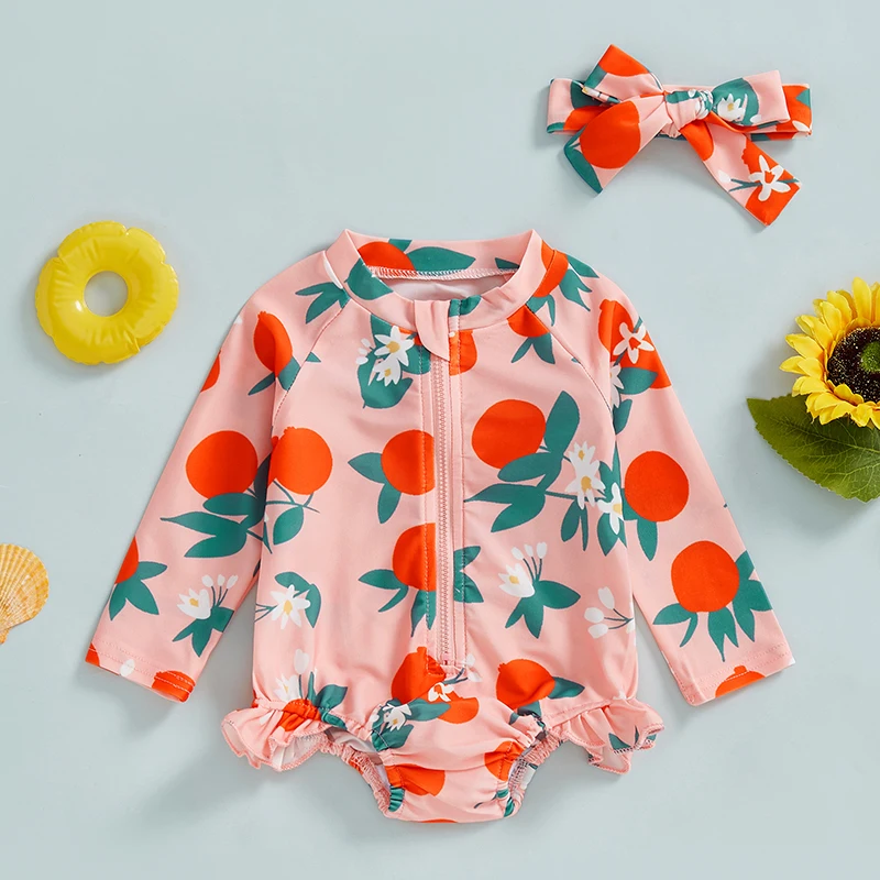 Baby Girl Rash Guard Swimsuit Long Sleeve Bow/Fruit Print Bathing Suit Infant Swimwear with Headband
Baby Girl Rash Guard Swimsuit Long Sleeve Bow/Fruit Print Bathing Suit Infant Swimwear with Headband