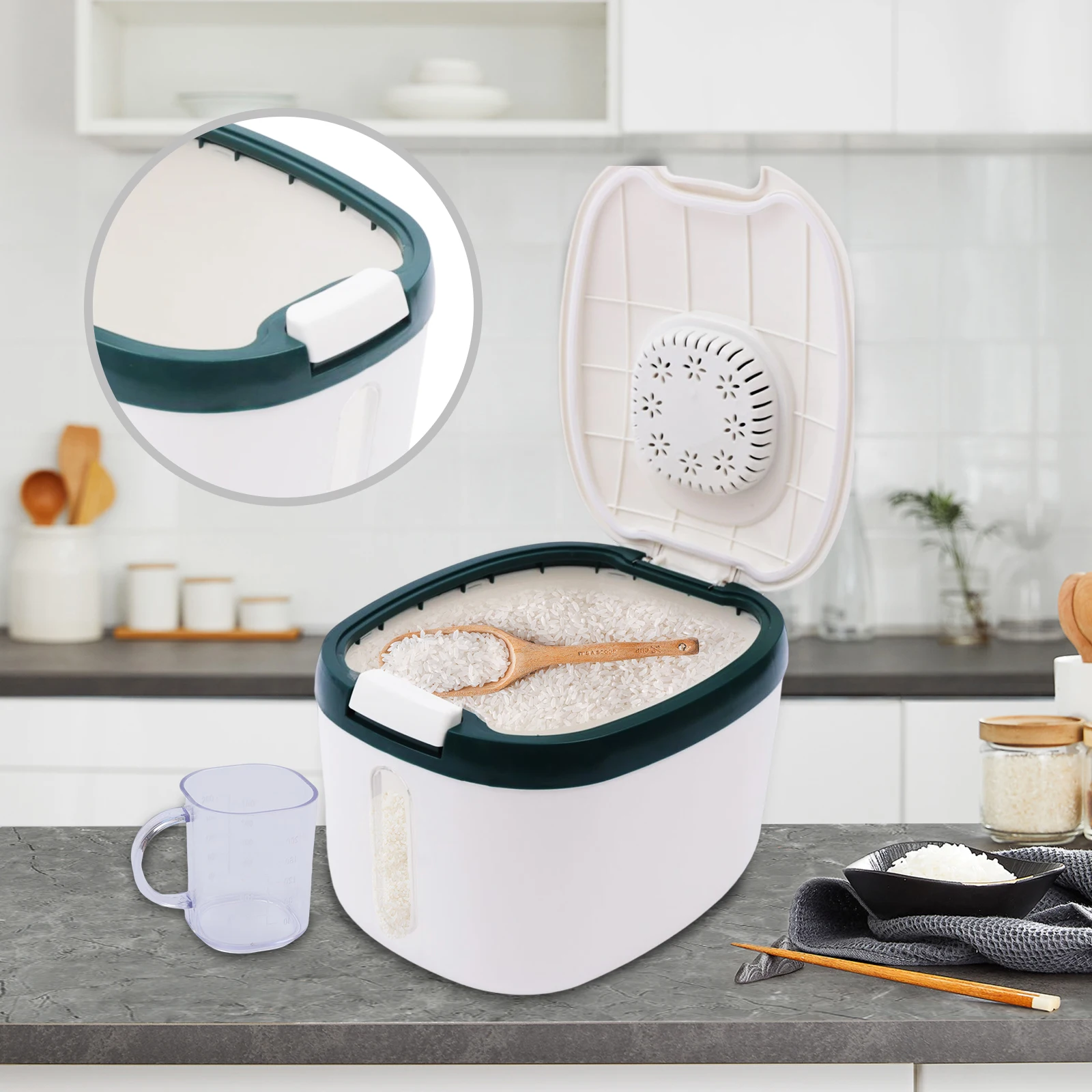 5KG Rice Dispenser Kitchen Container Bucket Dry Food Storage Box Airtight Grain Sealed Jar Flip Cover Bucket with Measuring Cup
5KG Rice Dispenser Kitchen Container Bucket Dry Food Storage Box Airtight Grain Sealed Jar Flip Cover Bucket with Measuring Cup