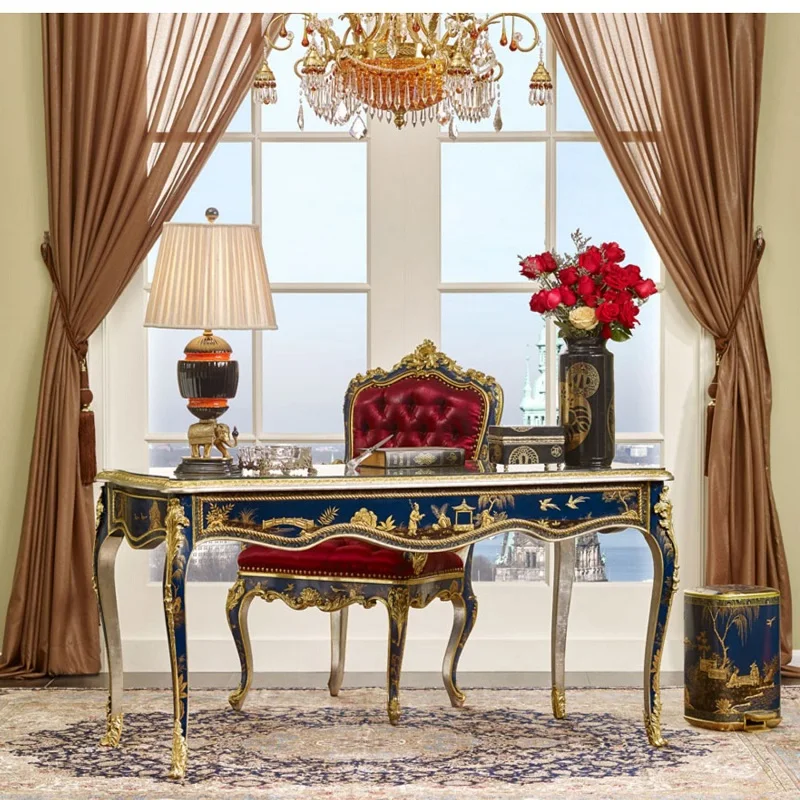 Luxury export French antique aristocrat treasure blue gold hand-painted French Chinese style desk and chair villa
Luxury export French antique aristocrat treasure blue gold hand-painted French Chinese style desk and chair villa