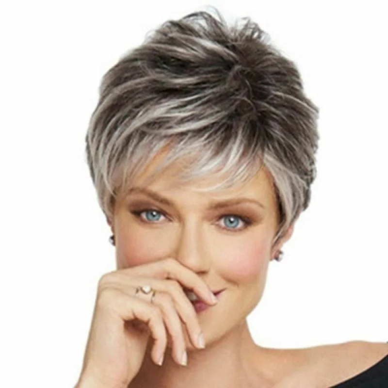 Женский натуральный короткий светло-серый вьющийся парик с прямыми волосами, модный новый 
Женский натуральный короткий светло-серый вьющийся парик с прямыми волосами, модный новый