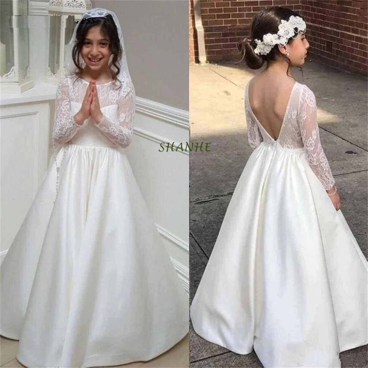 2021 Girls Pageant Dresses Backless One-Neck Ivory A-Line Lace Appliques Long Sleeve Girls First Communion Gowns
2021 Girls Pageant Dresses Backless One-Neck Ivory A-Line Lace Appliques Long Sleeve Girls First Communion Gowns