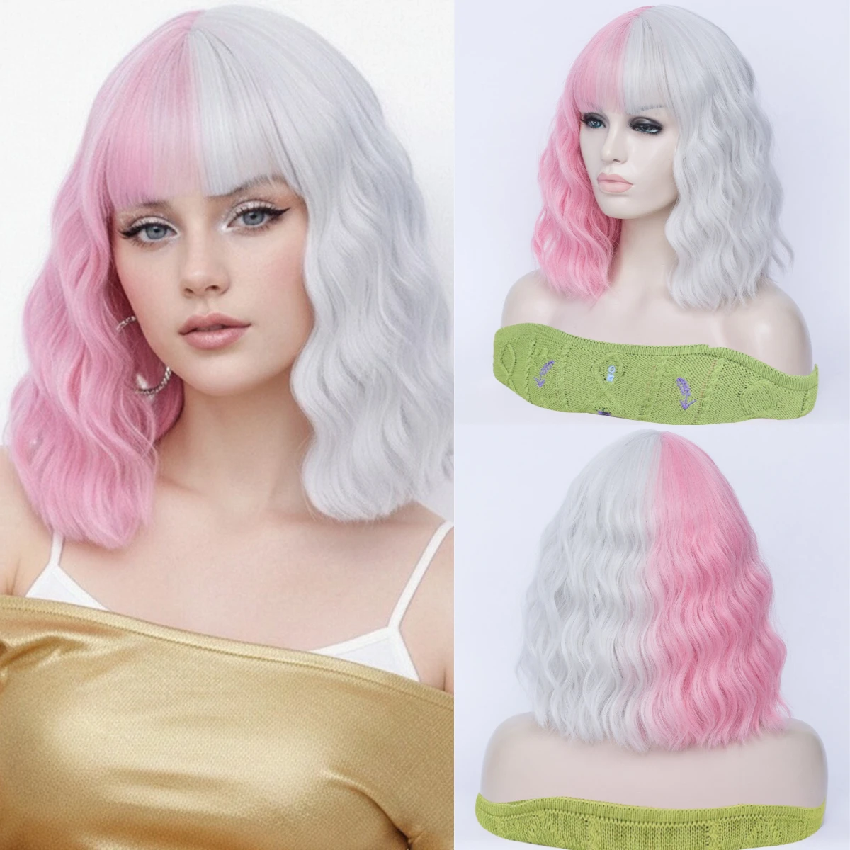 Synthetic Short Curly Half Pink Half Gray Split Color Bob Wig with Bangs for Women Cosplay Party Fake Hair Heat Resistant
Synthetic Short Curly Half Pink Half Gray Split Color Bob Wig with Bangs for Women Cosplay Party Fake Hair Heat Resistant