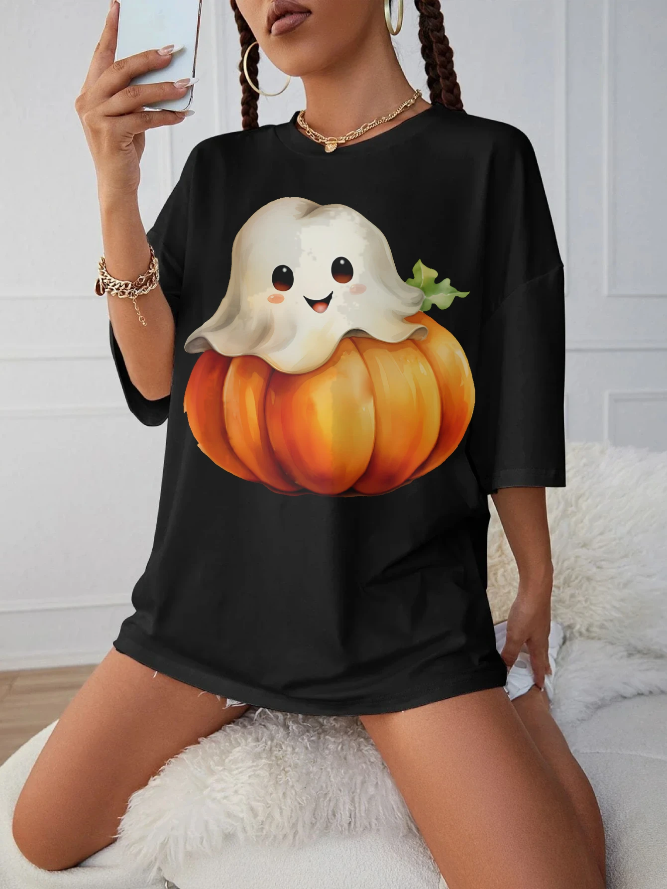 Scary Halloween Pumpkin Loose Fit Maternity T-Shirt Women's Black Round Neck Comfortable for Winter and Late Pregnancy
Scary Halloween Pumpkin Loose Fit Maternity T-Shirt Women's Black Round Neck Comfortable for Winter and Late Pregnancy