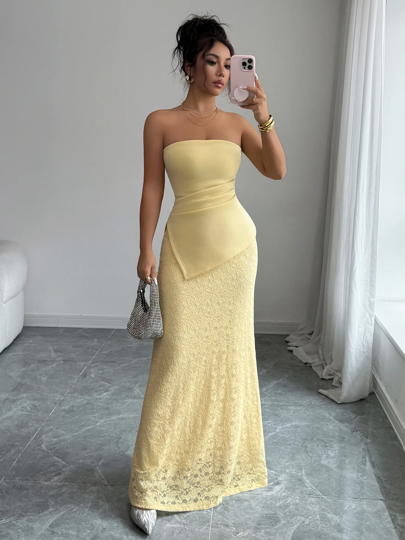 Women's Strapless Maxi Dress Ruched Waist Asymmetrical Hem Lace Trim Mermaid Bodycon Formal Evening Party Wedding Guest Gown
Women's Strapless Maxi Dress Ruched Waist Asymmetrical Hem Lace Trim Mermaid Bodycon Formal Evening Party Wedding Guest Gown