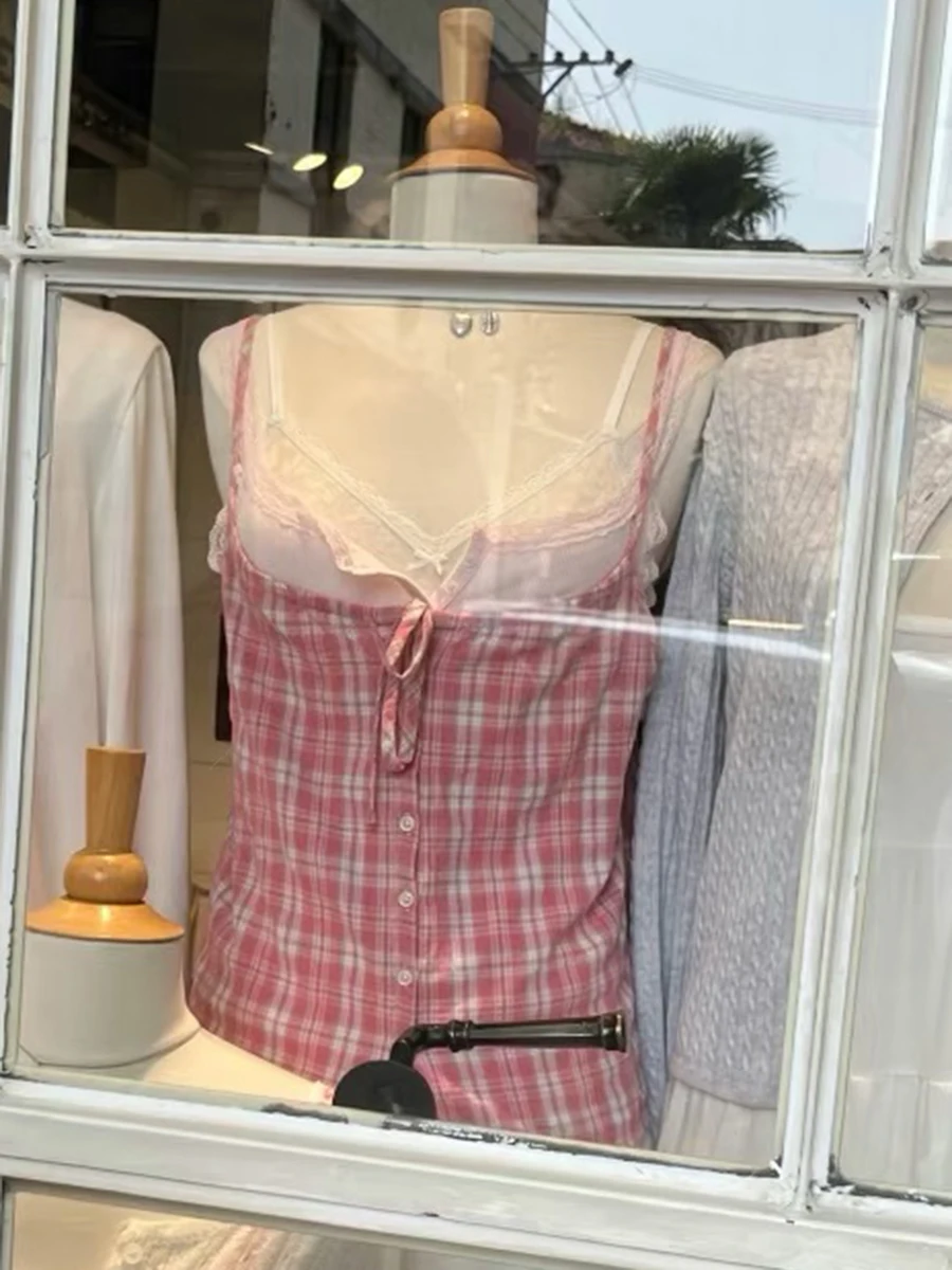 Women's Pink & White Plaid Tank Top Summer Drawstring Single Breasted Cotton Camisole Preppy Style Sweet Casual Crop Top Y2k New
Women's Pink & White Plaid Tank Top Summer Drawstring Single Breasted Cotton Camisole Preppy Style Sweet Casual Crop Top Y2k New