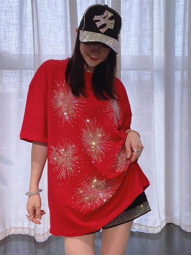 Women Shiny Hot Drilling Women T-shirt Half-sleeve Loose O-neck Pullover Top Spring Summer Casual Tees Top
Women Shiny Hot Drilling Women T-shirt Half-sleeve Loose O-neck Pullover Top Spring Summer Casual Tees Top