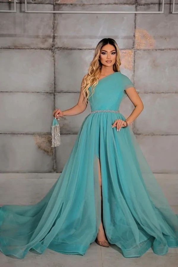 One Shoulder Evening Dresses Tulle Elegant Front Slit Sleeveless A Line Sweep Train with Rhinestone Belt Prom Gowns
One Shoulder Evening Dresses Tulle Elegant Front Slit Sleeveless A Line Sweep Train with Rhinestone Belt Prom Gowns
