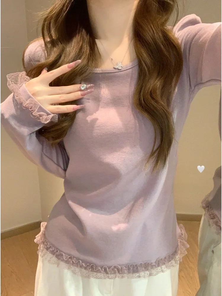 Korean Style round Neck Lace Trimmed Long Sleeve Cashmere Flocking Base Shirt Fashionable T-Shirt Top for Autumn Winter
Korean Style round Neck Lace Trimmed Long Sleeve Cashmere Flocking Base Shirt Fashionable T-Shirt Top for Autumn Winter