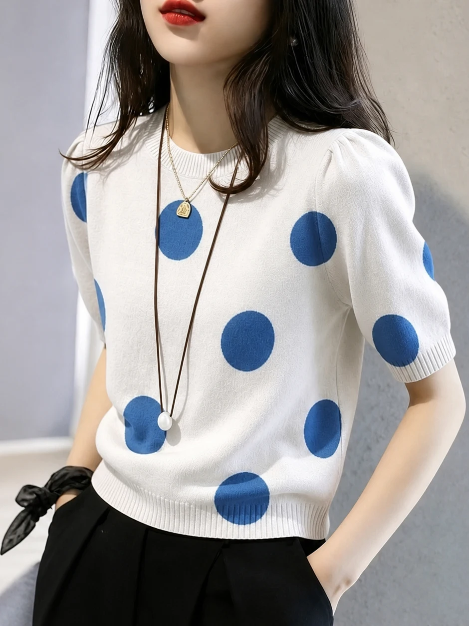 Chic Polka Dot Design round Neck Knitwear Short Sleeve Overhead Korean Style Top Fashionable Summer Shirt Commute Style Silk ...
Chic Polka Dot Design round Neck Knitwear Short Sleeve Overhead Korean Style Top Fashionable Summer Shirt Commute Style Silk ...