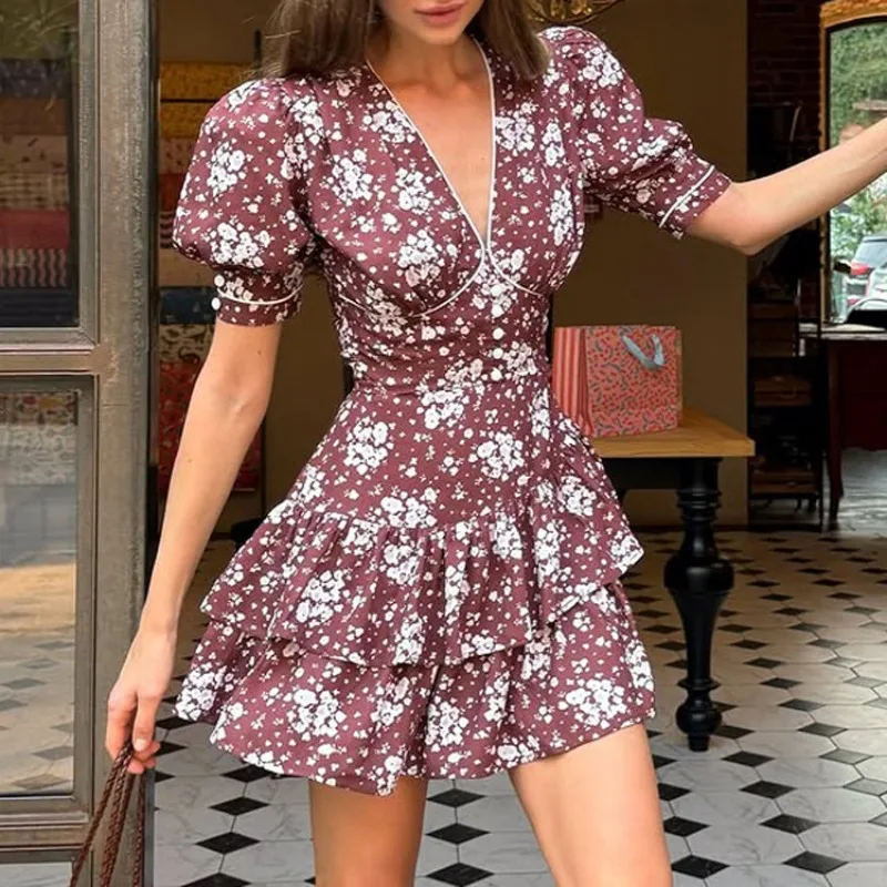 Tsiisd Elegant Women's Floral Print Mini Dress V Neck Ruffle High Waist Romantic Fashion Evening Party Women's Clothing Dresses
Tsiisd Elegant Women's Floral Print Mini Dress V Neck Ruffle High Waist Romantic Fashion Evening Party Women's Clothing Dresses