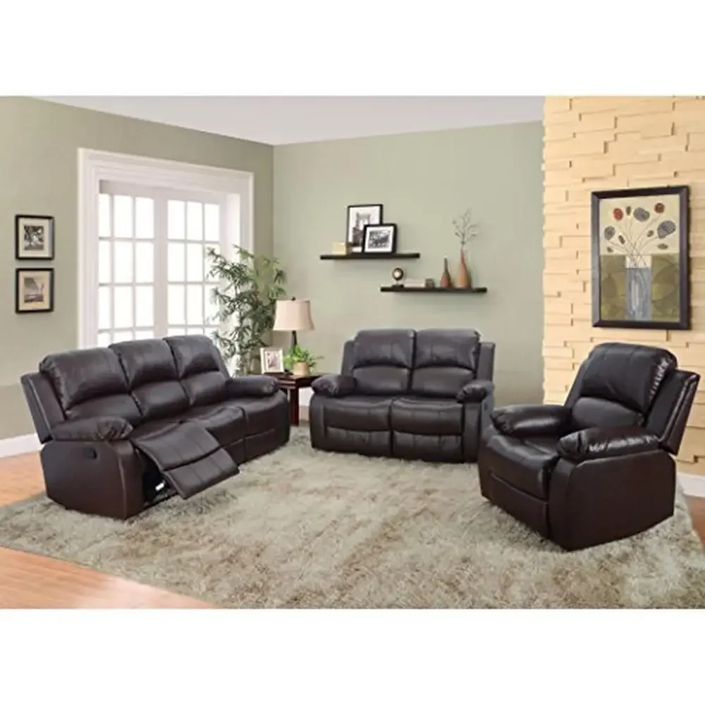 Bonded Leather Reclining Sofa Loveseat Chair Set with Overstuffed Arms High-Density Foam Brown 5 Recliners Minor Assembly
Bonded Leather Reclining Sofa Loveseat Chair Set with Overstuffed Arms High-Density Foam Brown 5 Recliners Minor Assembly