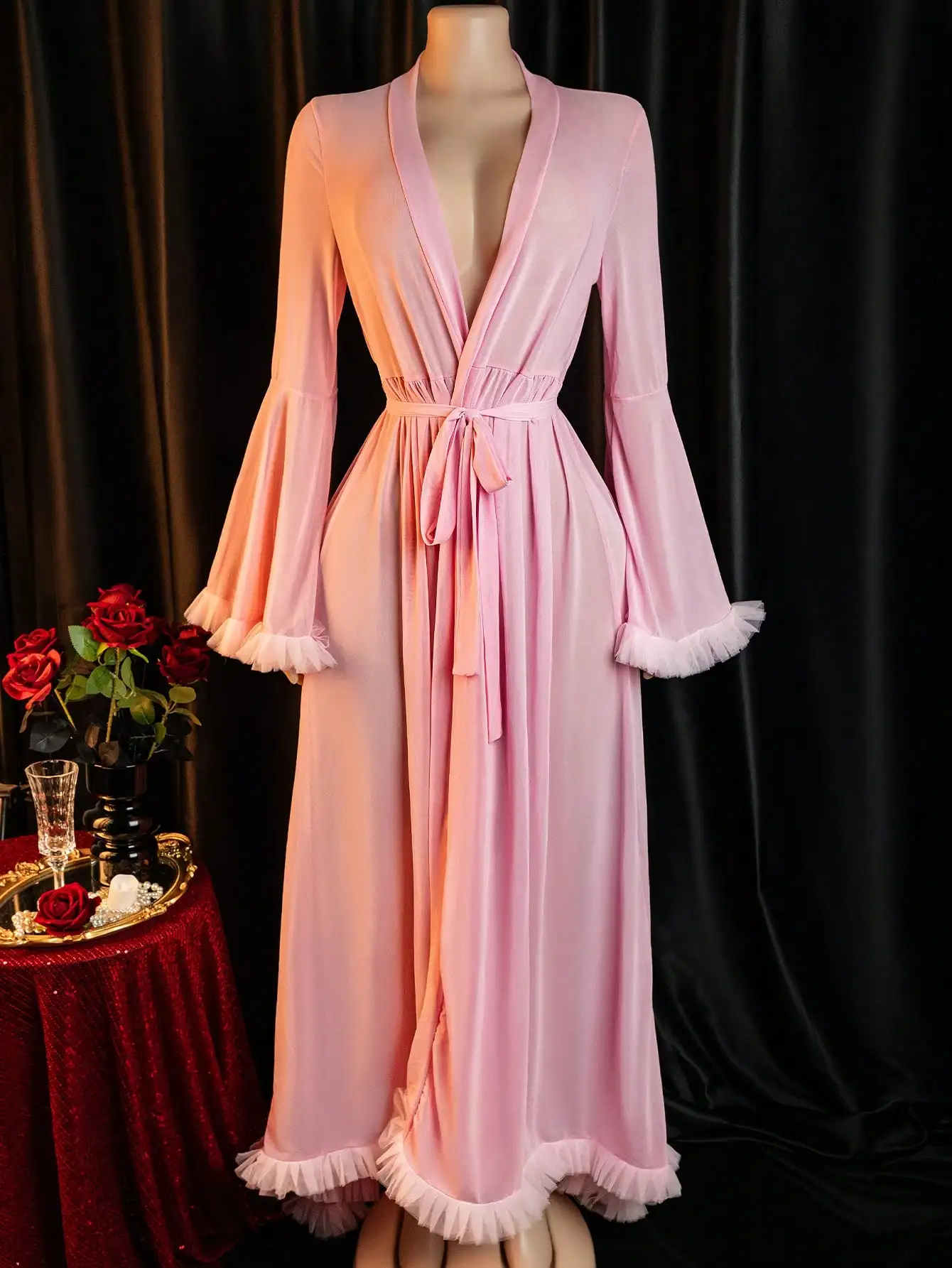 Pink Long Robe with V-Neck, Bell Sleeves & Ruffle Trim for Lingerie or Sleepwear
Pink Long Robe with V-Neck, Bell Sleeves & Ruffle Trim for Lingerie or Sleepwear