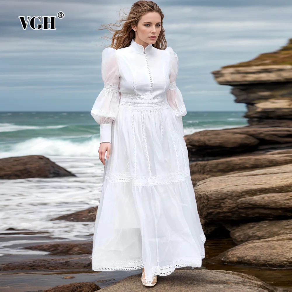 VGH Solid Hollow Out Elgant Dresses For Women Stand Collar Lantern Sleeve High Waist Temperament Long Dress Female Fashion New
VGH Solid Hollow Out Elgant Dresses For Women Stand Collar Lantern Sleeve High Waist Temperament Long Dress Female Fashion New