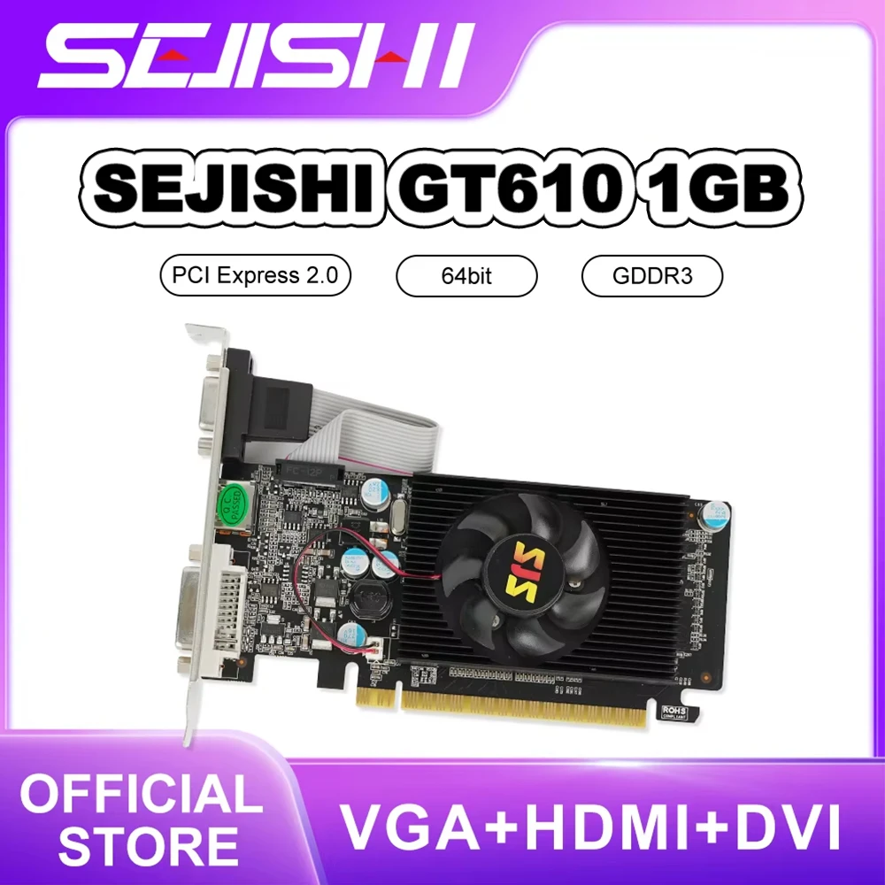 SJS Video Card GeForce GT610 Display Vga Cards 1GB DDR3 64Bit Graphics Cards For NVIDIA Game PC GT 610 1GD3 HDMI DVI VGA PCI-E2
SJS Video Card GeForce GT610 Display Vga Cards 1GB DDR3 64Bit Graphics Cards For NVIDIA Game PC GT 610 1GD3 HDMI DVI VGA PCI-E2